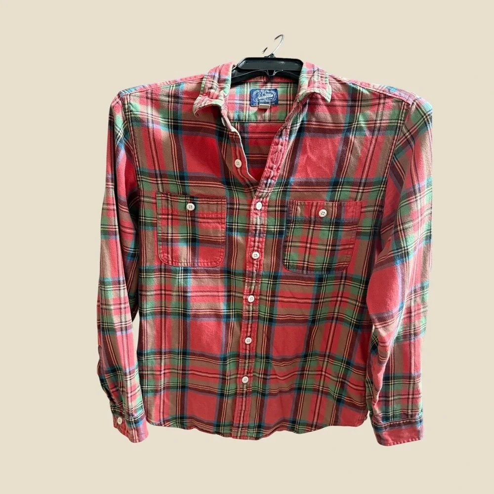 J.Crew Mens Red Green Plaid Flannel Shirt The Sporting Life‎ Cotton Medium